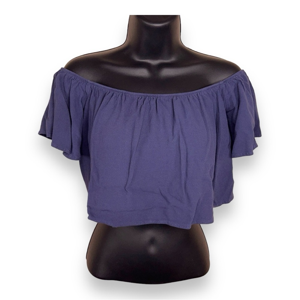 SMALL LULUS BLUE CROP TOP RUFFLE PEASANT STRETCH OFF SHOULDER